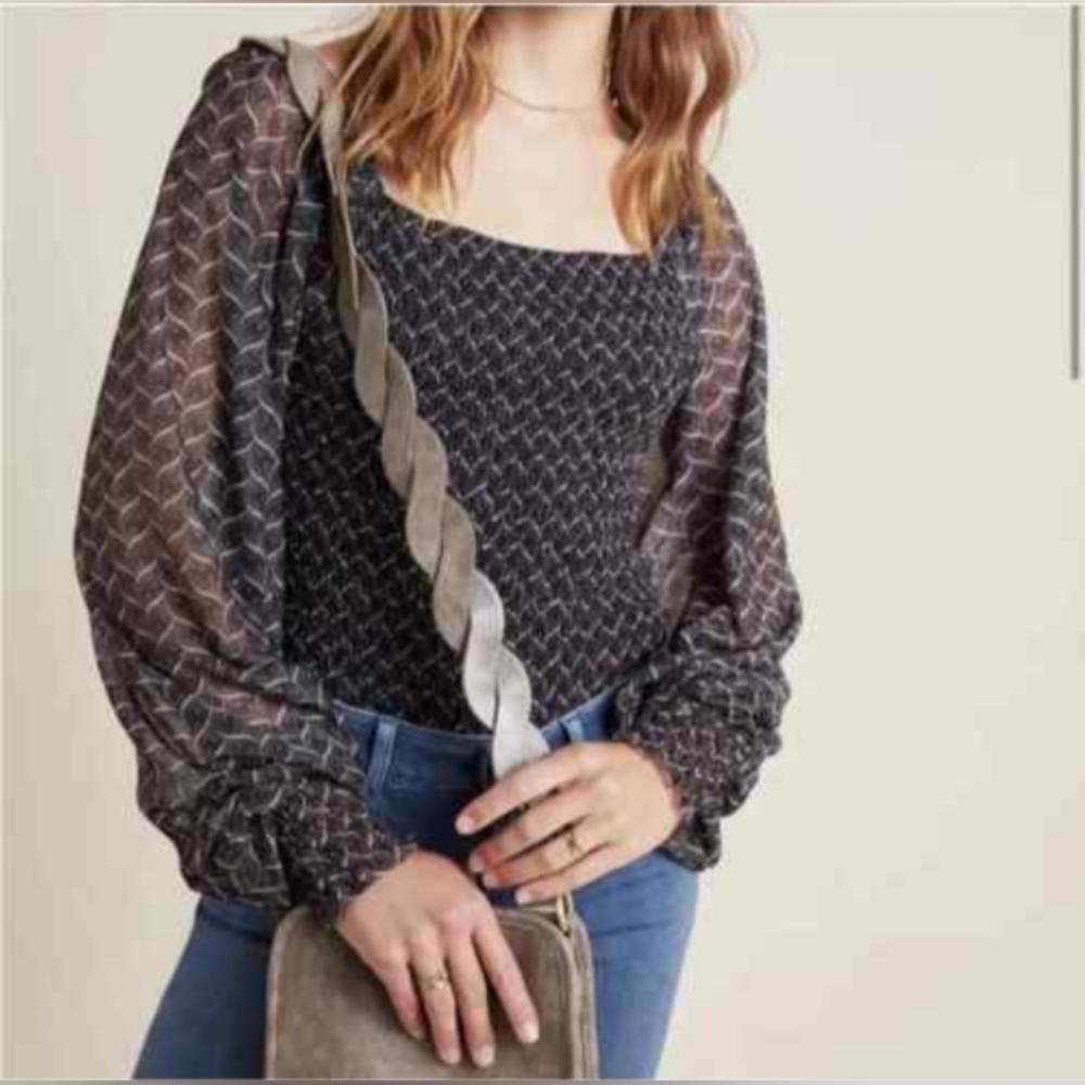 NWT Anthropologie Rouen Smocked Top, Black/White Women's Size Large